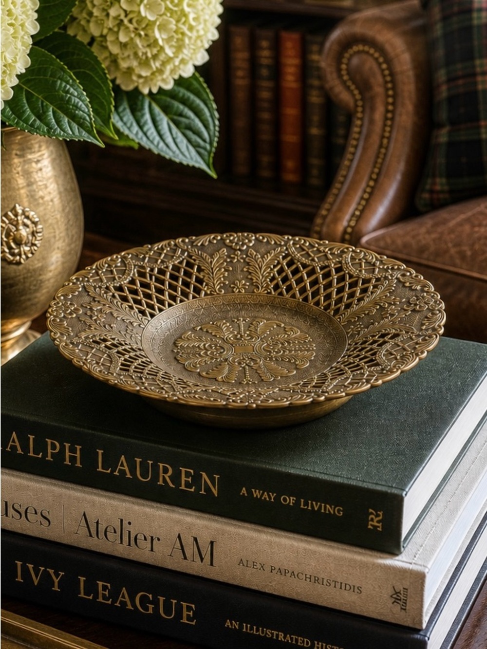 Vintage Italian Ornate Brass Pedestal Bowl Filigree Catchall